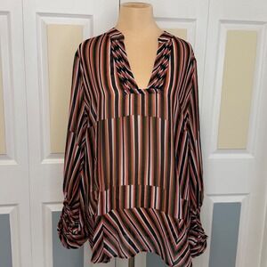 Cabi 5519 Ultimate Blouse Striped V-Neck Balloon Sleeve Top Orange Green Black L
